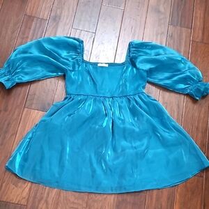 Thirty Thirty Teal Mini Dress with Sheer Poof Sleeves & Smocked Back size XL
